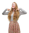 Blonde teenager woman wearing flowers skirt looking confident with smile on face, pointing oneself with fingers proud and happy.