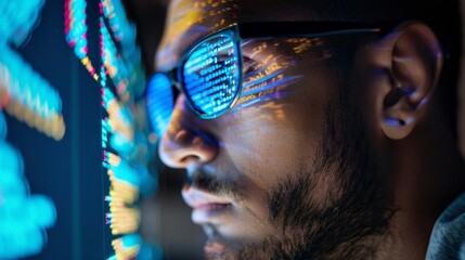 software developer wearing glasses, looking at computer screen developing code generative ai