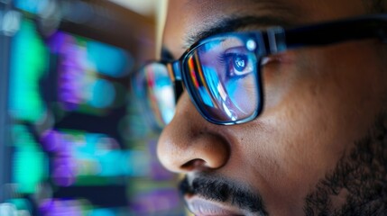 software developer wearing glasses, looking at computer screen developing code generative ai