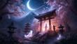 月夜と流れ星に照らされた桜の神秘的な参道
