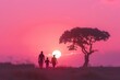 silhouette of black african american couple and child walking in rural landscape at pink and purple sunset loving family together