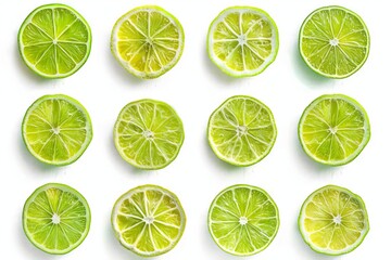 Wall Mural - sliced limes arranged in a set fresh citrus fruits isolated on white background food photography