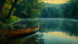 A orange canoe rests on the calm waters of a misty lake surrounded by lush green forest at dawn