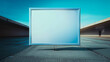 Empty blue billboard frame on flooring outdoors, AI Generative.