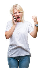 Poster - Young beautiful blonde woman calling and talking on smartphone over isolated background annoyed and frustrated shouting with anger, crazy and yelling with raised hand, anger concept