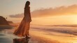 Serene Sunset Beach Walk: Elegant Woman Embracing Seaside Tranquility