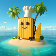 Wall Mural -  A large vibrant suitcase in small sandy island surrounded by clear blue water.