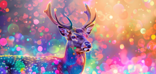 Wall Mural - A beautiful deer with long antlers against a colorful and vibrant background in the style of trippy artwork 