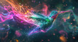 A beautiful hummingbird made of colorful light, flying in space