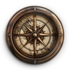 a 3d compass icon antique brass design with a detailed face pointing north