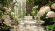 A serene and romantic setting of lush greenery and cascading flowers framing a dazzling crystal podium adorned with the most exquisite . .