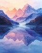 A dreamy watercolor landscape of a mountain range at dawn, with soft hues of pink and orange in the sky, reflecting on a serene, mirrorlike alpine lake