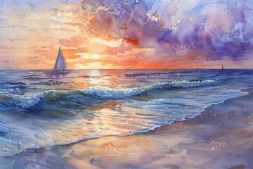 Poster - A watercolor seascape showing a peaceful beach at sunset, with gentle waves lapping the shore, a vivid palette of oranges and purples in the sky, and distant sailboats