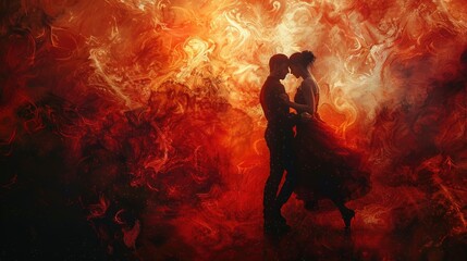 Dancing man and woman on a bright abstract background.