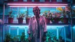A portrait of a botanist standing in front of a shelf filled with potted plants their lab coat covered in dirt and plant debris as they tend to the specimens. The fluorescent lights .
