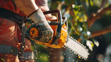 Construction worker using chainsaw to trim trees with power tool on site close-up