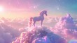 An ethereal podium surrounded by floating clouds and radiant stars. A graceful unicorn with a flowing mane and tail is perched on . .