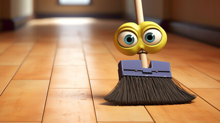 Adorable cartoonish broom with googly eyes and a happy grin, ready to sweep away dust and bring cleanliness with a smile against a clean white floor.