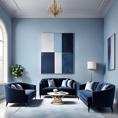 Wall Mural - Livingroom or business hall scene light pastel color. Lounge room - blue sky paint and velor. Empty wall blank - navy background and pale tone loveseat. Luxury modern