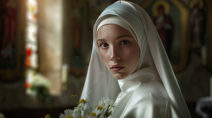 Wall Mural - Portrait of beautiful nun in church created.