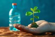 A hand holding a seedling with a plastic bottle in the background, Abstract and conceptual visuals