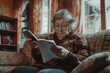 An elderly woman received good news, financial deal, loan repayment, house sale, pension, subsidy. He is sitting on the sofa at home, holding the phone and documents in his hands, Generative AI