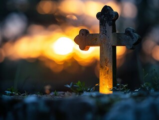 The Christian cross illuminated by a heavenly light against a backdrop of dawn or dusk