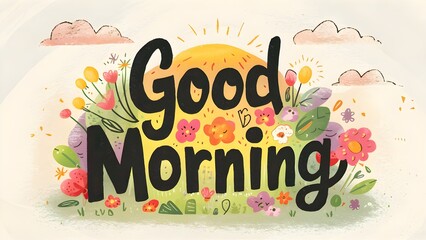 Wall Mural - good morning lettering, hand written text with morning background