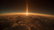 A golden sunset on the Earth's horizon, viewed from space.