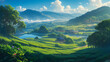 A peaceful landscape painting of a valley with lush green rice fields, a small lake, and mountains in the background.