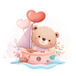 Watercolor Illustration Cute Bear in Little Ship with Heart Shape Balloons