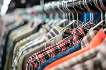 Wall Mural - A rack of clothes with a blue shirt hanging from the top