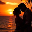 Silhueta de uma casal apaixonado, de lado, à beira mar ao pôr-do-sol. Gerado com IA