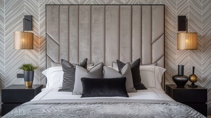 In the master bedroom a plush grey velvet headboard stands out against a wall covered in geometric patterned wallpaper. The matte black nightstands and lighting fixtures add a modern .