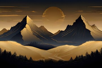 Wall Mural - andscape wallpaper design with Golden mountain line arts, luxury background design for cover, invitation background, packaging design, fabric, and print. Vector illustration. Generative AI