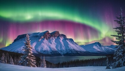 Spectacular Aurora Borealis in a Winter Night Landscape with Pine Tree and Mountain