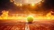 A tennis stadium alight with fire, a lone ball in the spotlight on the court, symbolizing challenge and triumph