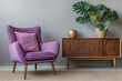 Modern Living Room Interior with Violet Armchair and Pink Pillow