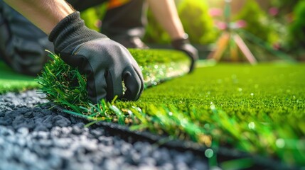 Wall Mural - A man is laying down a piece of artificial grass. The grass is green and the man is wearing gloves