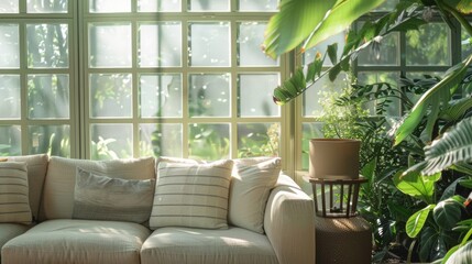 Wall Mural - The living room in Greenhouse Getaway is a serene and tranquil space with a sunroom that incorporates frosted glass sections in its walls. The frosted glass features a delicate lattice .