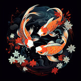 Fototapeta Konie - Three koi fish art on a black background. Fish. Pet. Animals. Illustration, Generative AI.