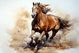 Fototapeta Koty - Beautiful watercolor painting of a running brown horse. Wild Animals. Illustration, Generative AI.
