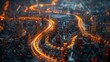 Glowing pathways of data crisscrossing a smart city, highlighting efficient urban technology integration