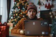 Portrait of cheated unsatisfied man at home on New Year and Christmas holidays, hispanic man looking at camera with laptop rejected money transfer, using bank credit, Generative AI