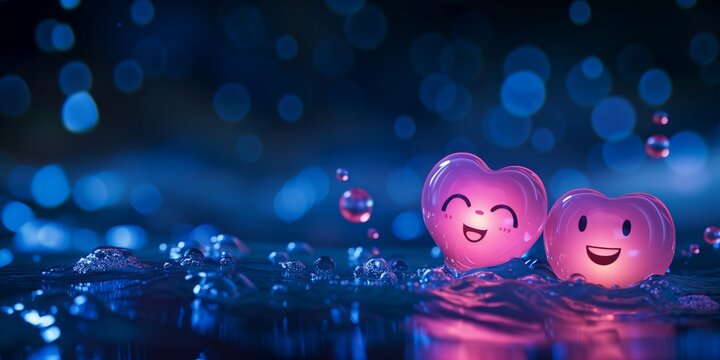 Two funny neon hearts float in the sea at night and glow because of love