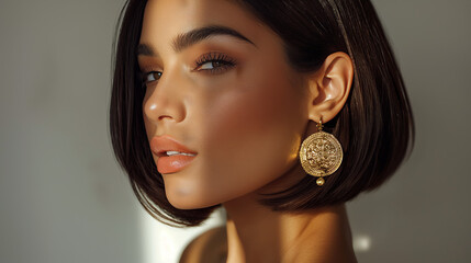 exquisitely styled woman with fashionable earrings, sharp makeup, and a sophisticated air portrayed 