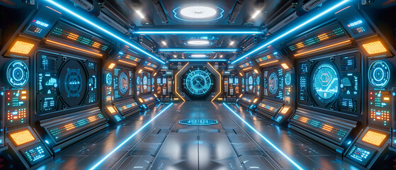 Wall Mural - Futuristic Space Corridor with Blue Lights, Advanced Technology and Science Fiction Design, Empty Interior Tunnel Concept