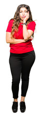 Poster - Young beautiful woman wearing casual t-shirt thinking looking tired and bored with depression problems with crossed arms.