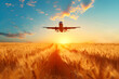 Panoramic landscape with fields and plane flying in clouds. Spring and summer meadow on sunset with airplane on sky. Travel concept