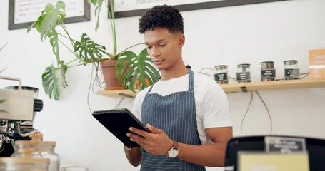 Wall Mural - Man, cafe and barista with order on tablet at counter for sale, ecommerce and service at shop. Male person, small business and waiter with technology for website, networking or online menu update